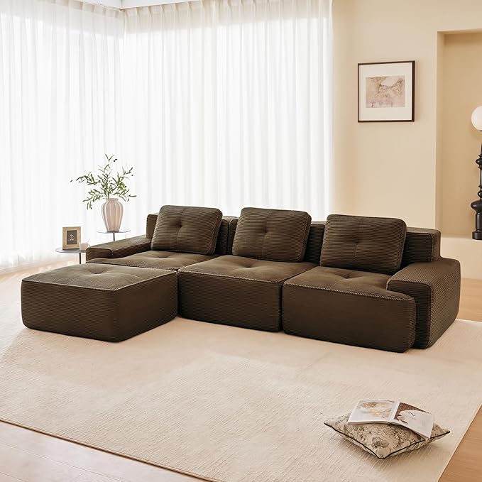 115" Modern Compressed Boneless Couch with Ottoman, 3 Seater Large L Shaped Sectional Couches for Living Room, Brown Corduroy Cloud Modular Sectional Sofa, Memory Foam, Extra Deep, No Assembly