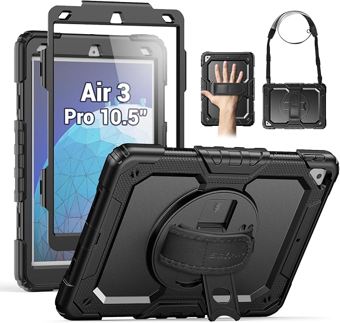 SEYMAC Case for iPad Air 3/ Pro 10.5 inch/Air 3rd Generation 10.5'' Black | Heavy Duty Shockproof Protective Built-in Screen Protector 360° Rotating Stand Hand/Shoulder Strap