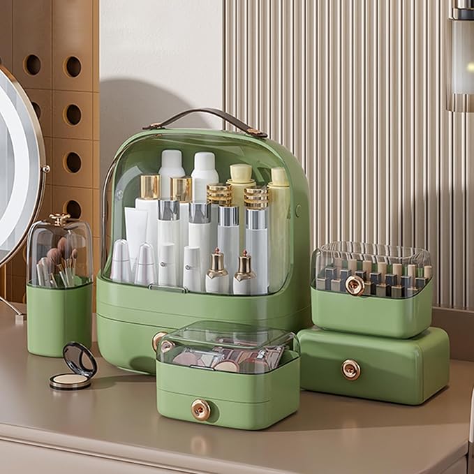 Ergocar Make Up Case Dustproof Cosmetics Skin Care Products Cosmetic Storage Box, Multi-Function Jewelry Organizer Case - Green + Brush Holder