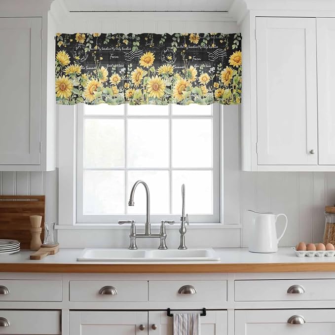 Summer Floral Sheer Valance Curtains, Watercolor Sunflower Eucalyptus Leaves