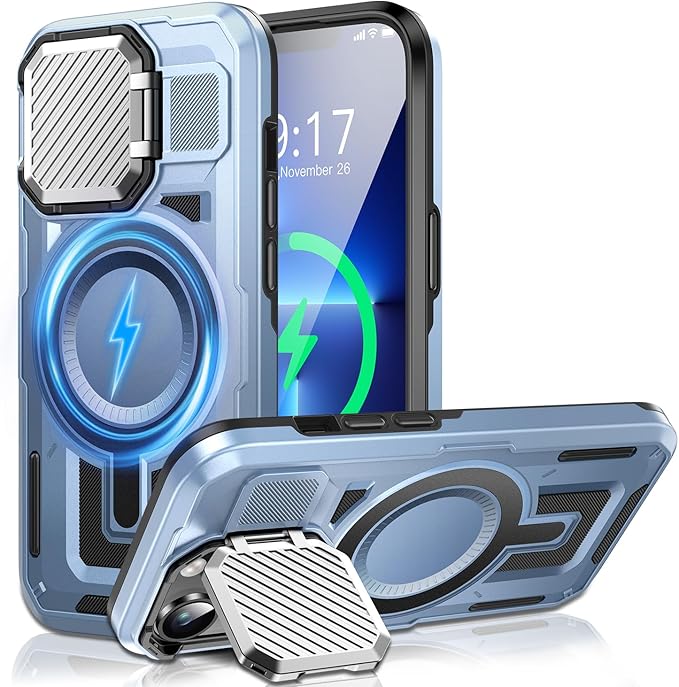 Camera Stand Case for iPhone 13 Pro, [Compatible with MagSafe] [Lens Cover] 2024 Version Military Grade Protective Soft Case for iPhone 13 Pro 6.1 inch Men Women, Blue