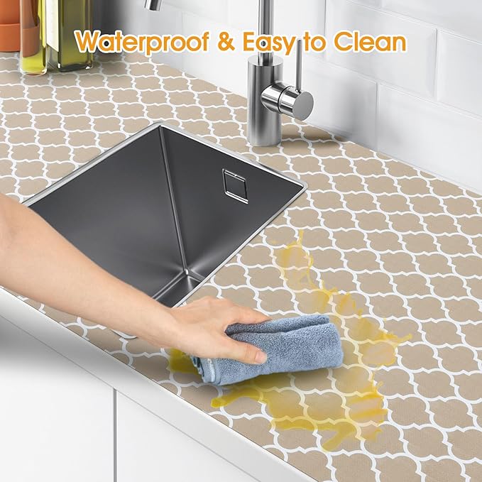 Shelf and Drawer Liner for Kitchen Cabinets Non-Adhesive, Strong Grip Non-Slip Thickened Cabinet Liners for Shelves, Waterproof Mats for Dresser Cupboard, Beige, 23 in x 20 Feet