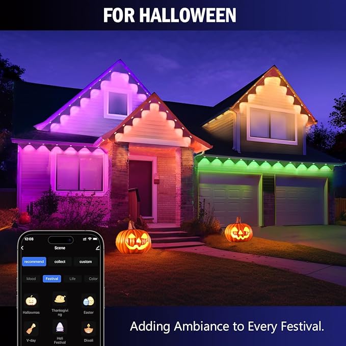wowlite Permanent Outdoor Christmas Lights 100FT, RGB+IC Smart Eave Lights with 72 LEDs, IP67 Waterproof, 110+ Scene Modes for House, Daily & Holiday Decorations, Works with Alexa & Google