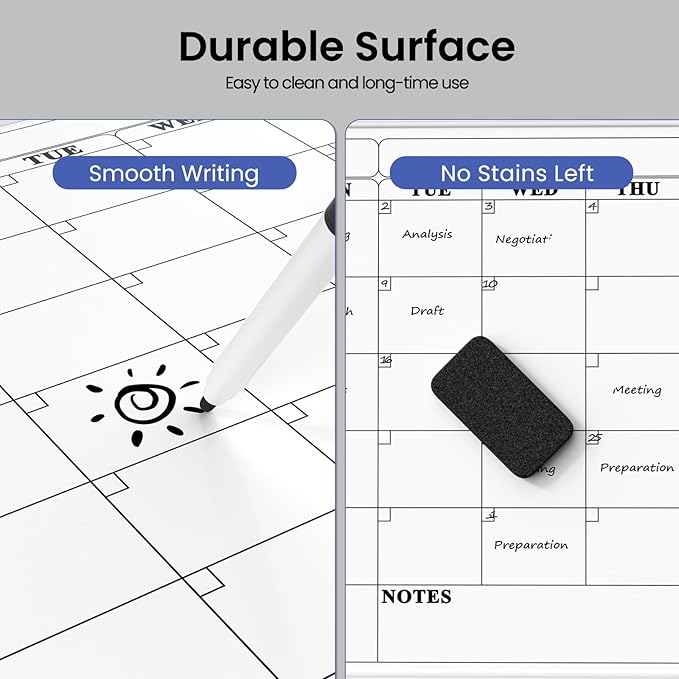 Monthly Whiteboard Calendar for Wall, Small 16" x 12" Dry Erase Board with Plastic Frame, Hanging Dry Erase Calendar with 3 Mini Sticky Notes for Kitchen Planner, Memo, Home and Office