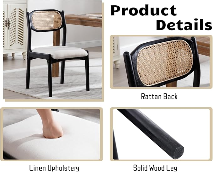 EALSON Mid Century Modern Rattan Dining Chairs Set of 4 Upholstered Linen Dining Room Chairs with Cane Back Farmhouse Kitchen Chairs Comfy Side Chairs with Black Wood Frame,Beige