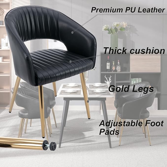 Modern Dining Chairs Set of 6, Upholstered PU Leather Gold Dining Room Chairs with Hollow Back, Accent Armrest Kitchen Chairs with Gold Legs for Living Room Black