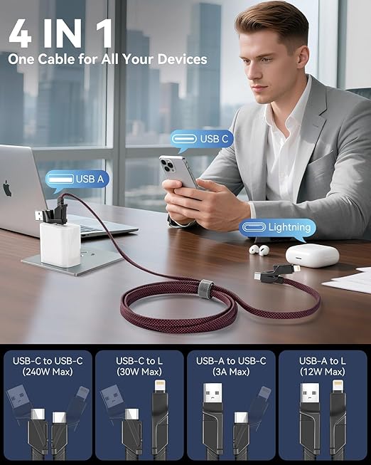 Multi Charging Cable Fast Charging 240W2Pack 4in1 USB C to Lightning Cable | Braided USB C Cable iPhone Charger Cable with USB A/C to C/Lightning for iPhone 17 16 15 14 Pro/MacBook/iPad