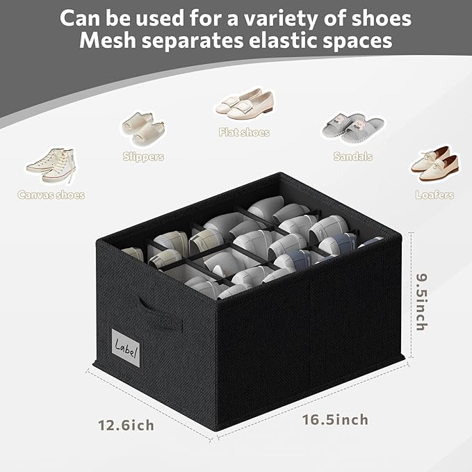 FHSQX 2 Pack Shoe Organizer for Closet,Fits up to 24 Pairs,Fabric Shoe Storage Bins,Large Shoe Box Storage Containers with Bottom Support for Shoes (Black, (16.5 * 12.6 * 9.5) x1)
