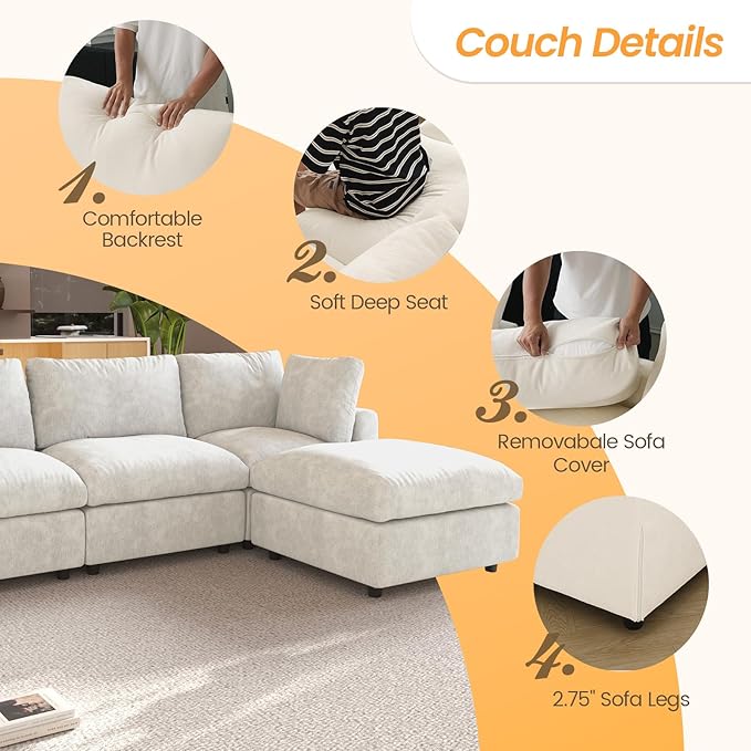 JACH U Shape Sectional Couches for Living Room, Modular Sofa with Chaise Ottomans, Cloud Sectional Couch, Sofa Covers Washable, Minimalist Couch for Living Room, Apartment, Beige