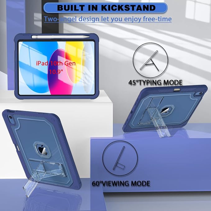 ZoneFoker Case for iPad 11-inch (A16) 2025 / iPad 10th Gen 10.9 inch 2022 Heavy Duty Shockproof Rugged Protective with Pencil Holder 11th / 10th Translucent Cover with Kickstand