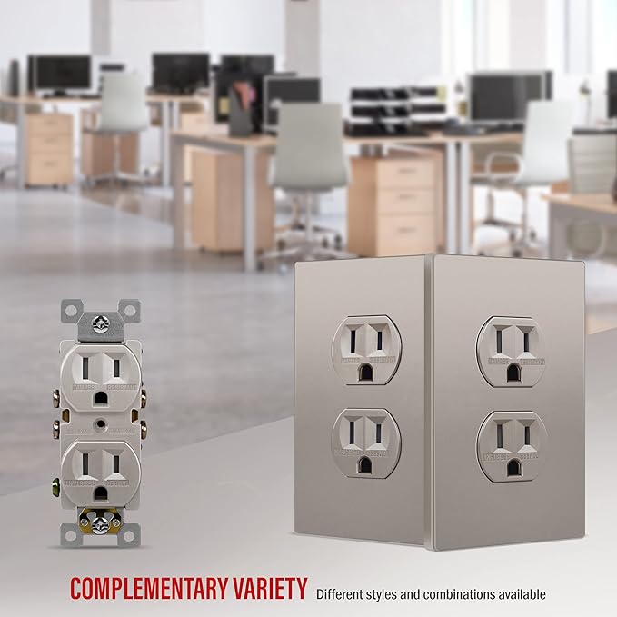 ENERLITES, Nickel Elite Series Duplex Outlet Receptacle Cover, Screwless Wall Plate, Standard Size, 1-Gang 4.68" x 2.93", Unbreakable Polycarbonate Thermoplastic, UL Listed, SI8821-NK
