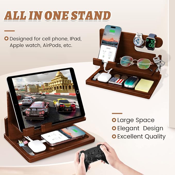 Wood Phone Docking Station - Nightstand Charging Organizer and Cell Phone Stand - Bedside Gift for Men