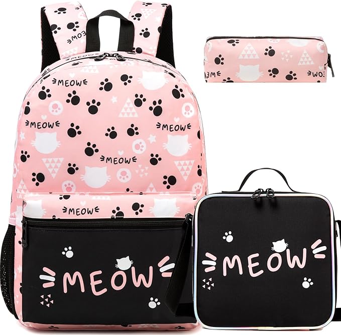 Backpack for School Kids Backpacks for Girls Bookbag Set Backpacks for Teen Girls with Lunch Box Pink Cat Preppy Backpack for School