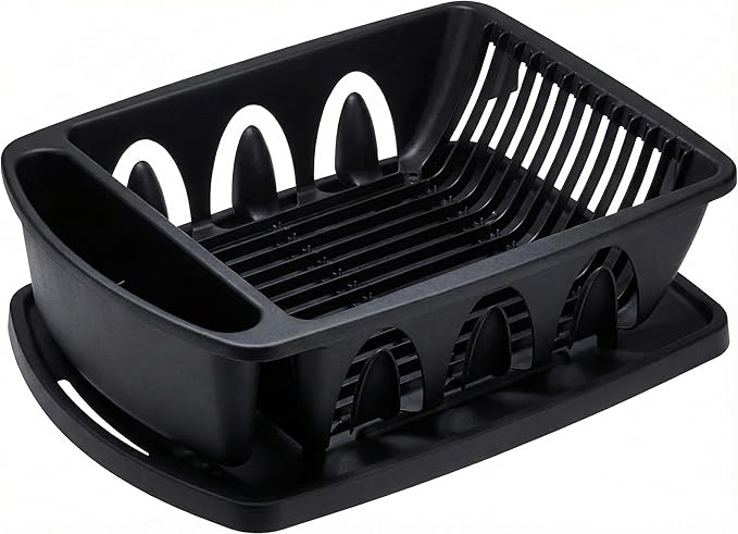 Tribello Sink Dish Drying Rack, Heavy Duty Hard Plastic Drying Rack, Dish Drainer for Kitchen Counter with Drainboard Set, with Silverware Holder - 18 x 13 x 6 (Black) - Made in USA