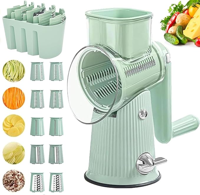 AYUBOC 5 in 1 Rotary Grater, Kitchen Artifact 5 in 1 Food Chopper, AYUBOC 5 in 1 Gourmet Cheese Grater, 5 in 1 Cheese Grater, 5 in 1 Hand Crank Food Chopper-Green|5 Group Blades