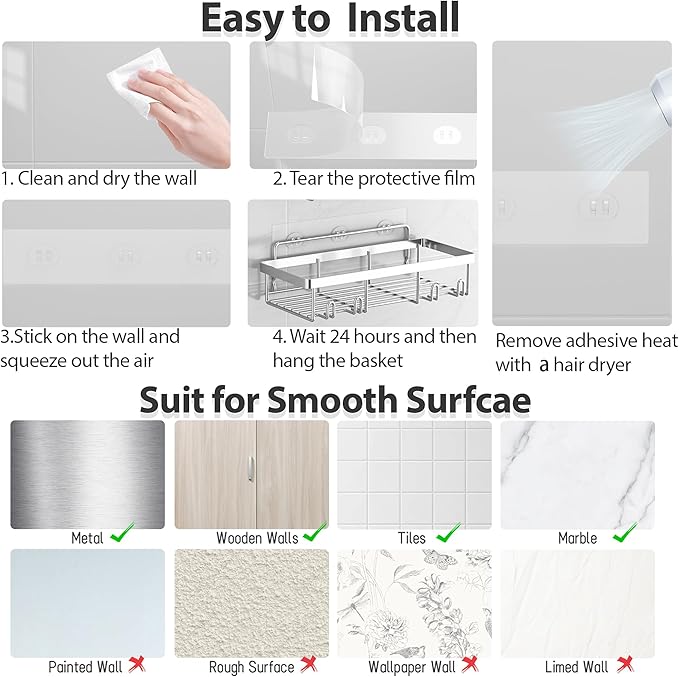 10 Pack Shower Caddy Organizer Rack Shelf for Inside Shower, Self Adhesive Wall Storage Basket Rustproof Stainless Steel Shampoo Holder Bathroom Accessory Decor Set, Silver