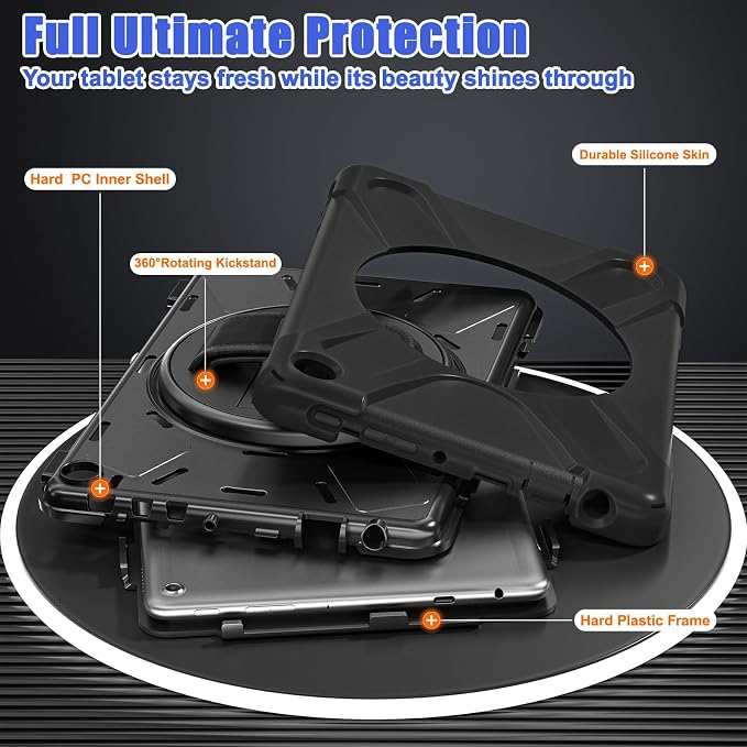 Case for Galaxy Tab S10 FE+ 13.1 2025 with Screen Protector+360 Rotating Hand Strap&ampStand+Shoulder Strap (Black)