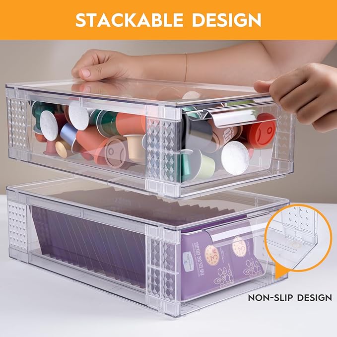 2 Pack Clear Stackable Storage Drawers, 3.95" H Easily Assemble Acrylic Organizer Bins - Multi-Use for Make up, Closet, Pantry, Bathroom, Medicine, Kitchen Cabinet & Undersink Organization