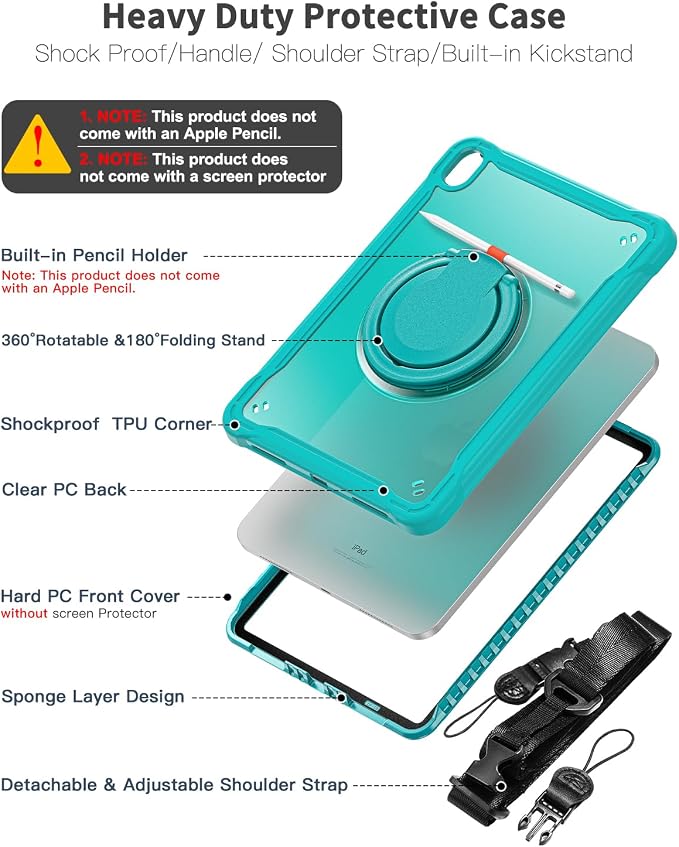 BRAECN for iPad (A16) 11th/10th Generation Case 11 inch 2025/10.9'' 2022 Handle Protective Cover 360 Rotating Ring Stand Shockproof Dropproof Case for Kids Kickstand &amp Pencil Holder &amp Shoulde