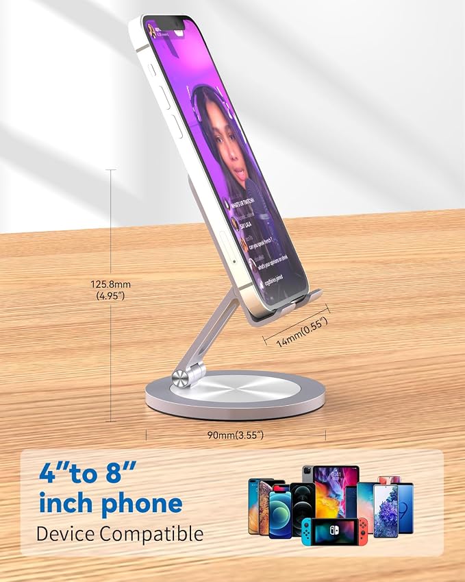 Phone Stand for Desk 360° Rotating Dual Adjustable Foldable Cell Phone Holder Heavy Solid All-Aluminum Base Anti-Slip Stable Support for Home Office Study Fits iPhone Galaxy 4-8 Phones
