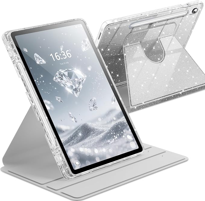 INFILAND Rotating Case for Samsung Galaxy Tab S10 FE/ S9 FE 5G 10.9 Inch/Tab S9 11 Inch 360 Cute Glitter Cover with Clear Back S Pen Holder for Girls Kids Woman (Black)