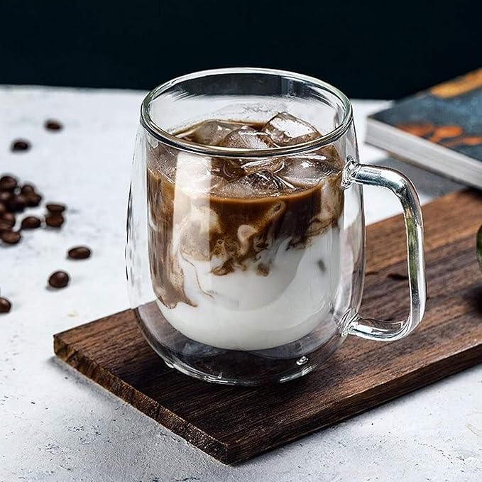 Glass Coffee Mug, 8.5 oz Double Walled Insulated Cup Heat-resistant for Tea Coffee Latte Cappuccino Espresso Iced Tea Dishwasher & Microwave Safe, Set of 1 (Round)