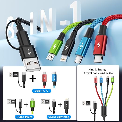 4 in 1 Multi Charging Cable 2 Pack 6FT Charging Cords for Devices | Nylon Braided USB C Car Charger Cable with Dual USB-C IP &amp Micro Ports Long Travel Charging Cord for Cars