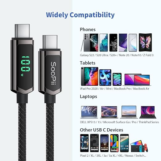SOOPII USB C to USB C Cable [10FT2-Pack] 100W PD Fast Charging USB C Cable Nylon Braided Type-C Cable with LED Display for lPhone 15/15 Plus MacBook Pro Samsung Galaxy S22/S10 Pixel LG