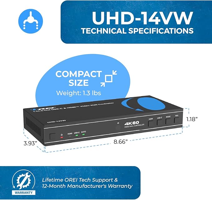 OREI 4K 2x2 HDMI or USB-C Video Wall Controller Processor Display Upto 4K 60hz 2x1, 1x2, 1x3, 1x4 Supports 180 Degree Rotate RS-232 Audio Extraction