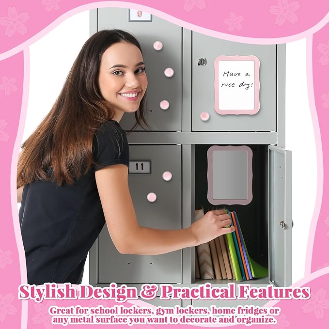 11 Pcs School Lockers Magnetic Decor Pink Locker Accessories Kit with Magnetic Mirror Whiteboard Pen Holder Buckles Lockers Organizer Decorations Locker Essentials for Girls Back to School Supplies
