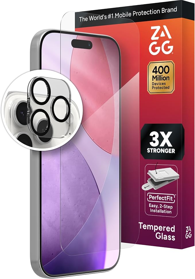 ZAGG Glass+ Screen &amp Camera Lens Protection for iPhone 17 Pro Max - Impact &amp Shatter Protection Full Coverage Scratch &amp Smudge-Resistant Tempered Glass Anti-Reflective Camera Lens Protec