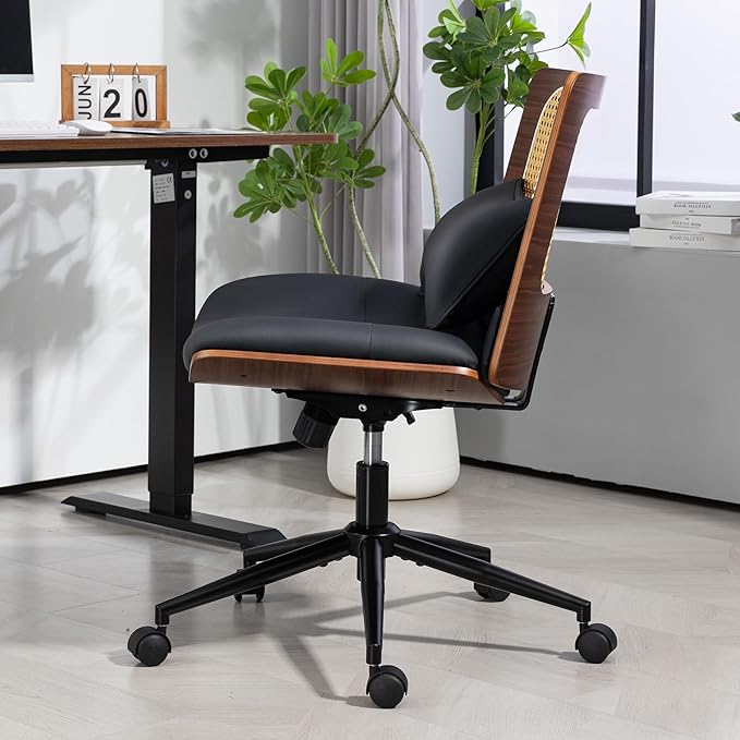 Rattan Office Chair, Criss Cross Legged Office Desk Chairs with Wheels, PU Leather Adjustable Swivel Walnut Task Chair with Wide Seat, Ergonomic Mid Back Computer Chair for Meeting Room, Home