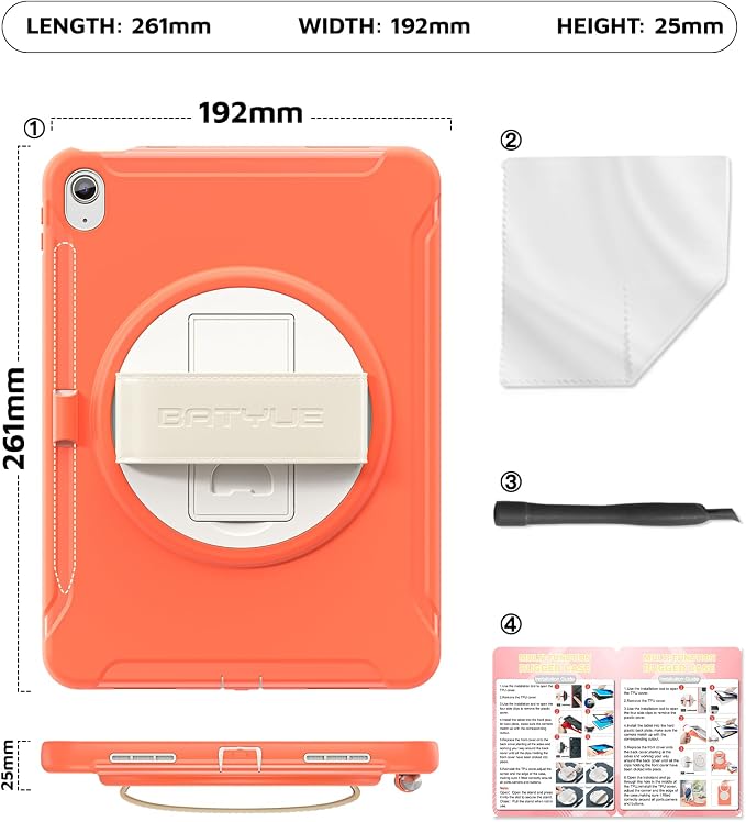 BATYUE Shockproof Case for iPad 10th / 11th (A16) Gen 11 inch CoralOrange | 3in1 PC+TPU Heavy Duty Leather Hand Strap Adjustable Stand Screen Protector Pencil Holder Easy Clean Personal/Busine