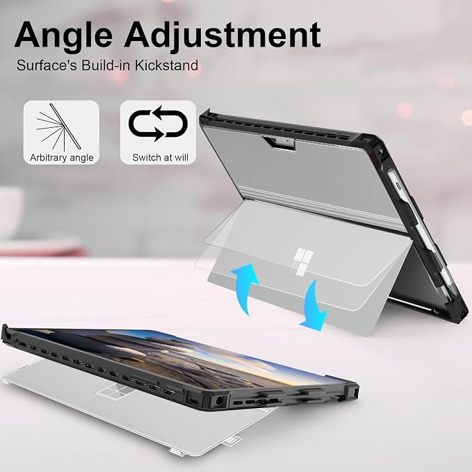 Case for 12.3 Microsoft Surface Pro 7+/7/6/5/4 Protective Rugged Cover Case with Surface Pen Holder and Hand Strap Compatible with Surface Pro Type Cover Keyboard (Black)
