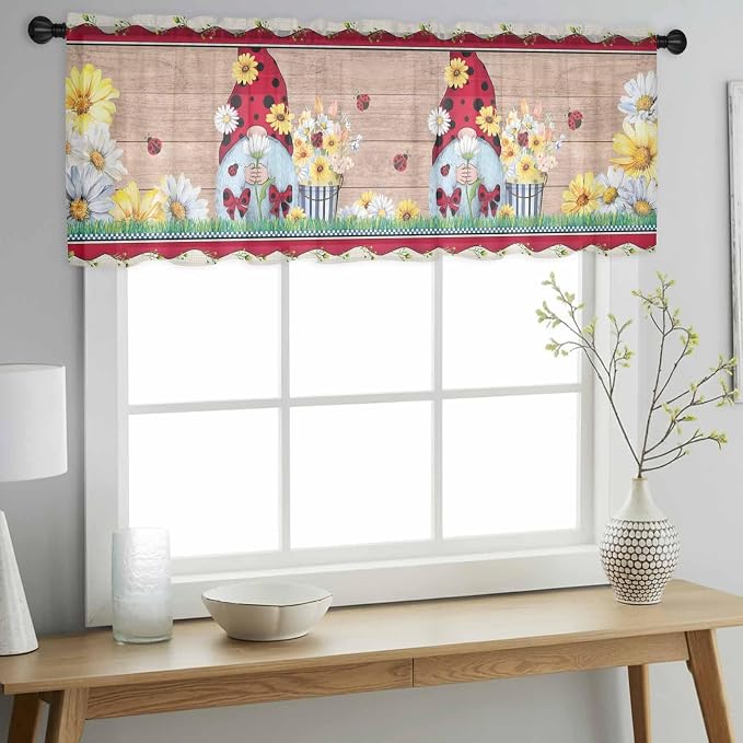 Ladybug Gnome Sheer Valance Curtains, Country Summer Rustic White Yellow Daisy