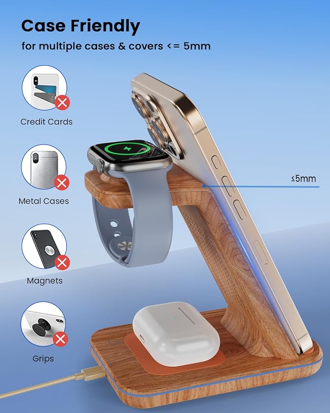 Wireless Charger Stand CIYOYO 3 in 1 Fast Wireless Charging Station Dock for Apple Watch 11/9/8/7/6/SE/5/4/3/2 Airpods 3/2/Pro iPhone 17/16/15/14/14 Plus/14 Pro Max/13/13 Pro/12/12 Pro/SE/X/XR/XS/8
