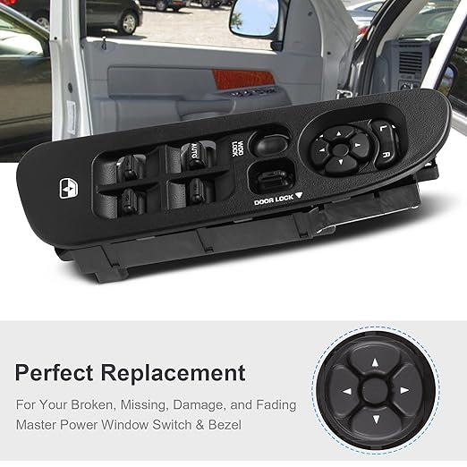 BASIKER Master Power Window Switch and Bezel, Driver Side Window Switch Bezel Replacement for 2002 to 2010 Dodge Ram 1500 2500 3500, Black