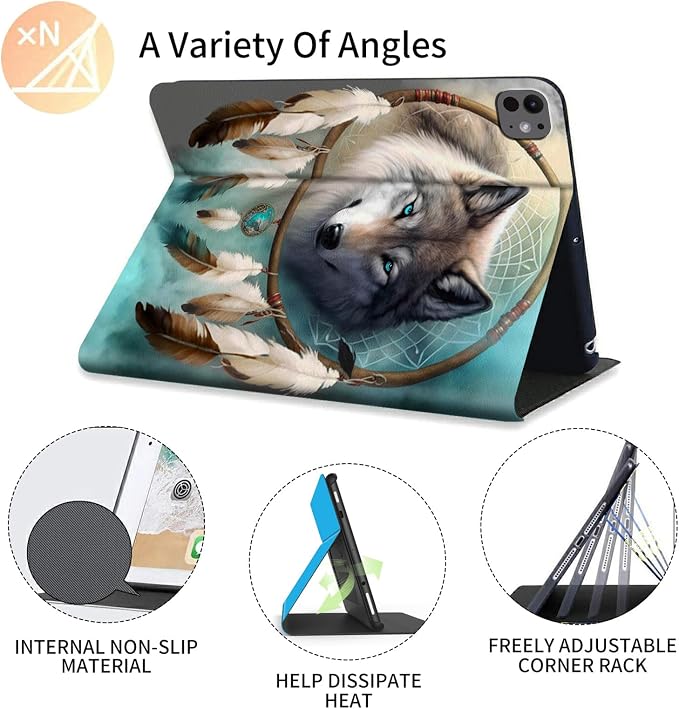 FUYOCWE for iPad Pro 13 Inch Case (M47th Generation2024 Model A2925A2926A3007)PU Leather Slim Folding Stand Case for iPad 13 7th GenAuto Sleep Wake Cover -A Dream Catcher Wolf