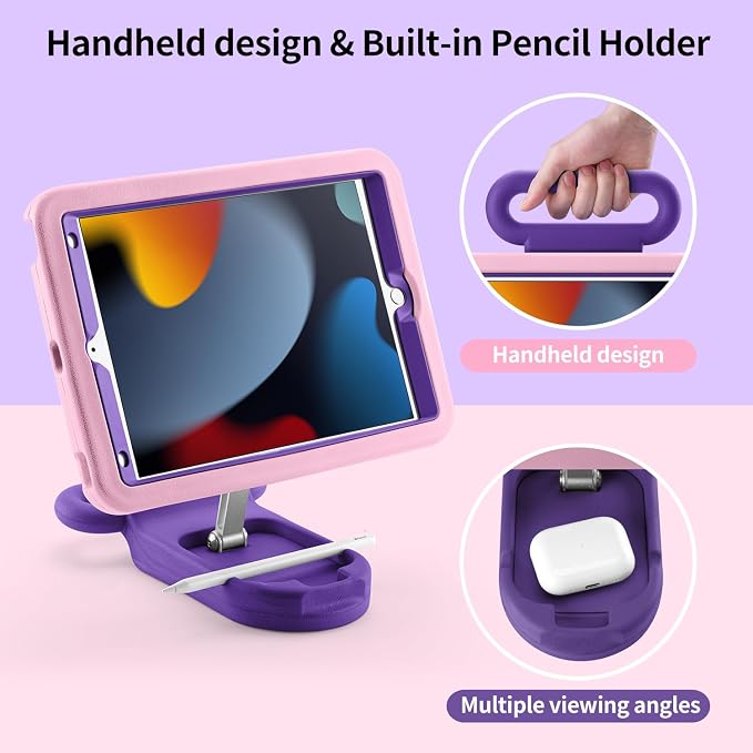 Kids Case for iPad 7th/8th/9th Gen 10.2 inchAdjustable Handle Stand(Black) | Adjustable Portrait/Landscape Stand/Drop Proof with Handle/KickstandChild Friendly Protective for iPad 10.2 2021/2020/201