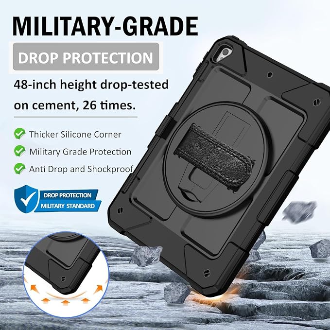 BMOUO Case for iPad 6th/5th Generation Case (9.7 inch 2018/2017) 360°Rotating Stand Hand/Shoulder Strap Shockproof iPad 9.7” Case for iPad Air 2 Black