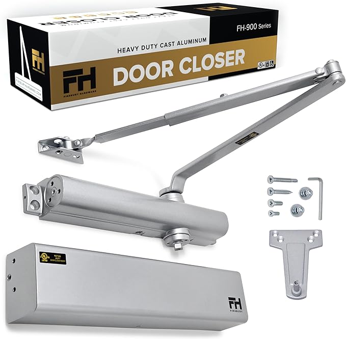 Finsbury Commercial Door Closer Automatic Heavy Duty High Traffic Adjustable ANSI/BHMA Grade 1, UL Listed ADA Compliant Hydraulic Backcheck Delayed Action Latch Speed 1-6 Power (Aluminum)