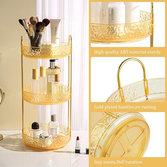 Fangoo 3 Tiers Gold Rotating Makeup Organizer for Vanity, 360 Spinning Skincare Organizers for Dresser Perfume Organizer Large Skincare Make Up Storage Cosmetic Organizer for Bathroom Countertop