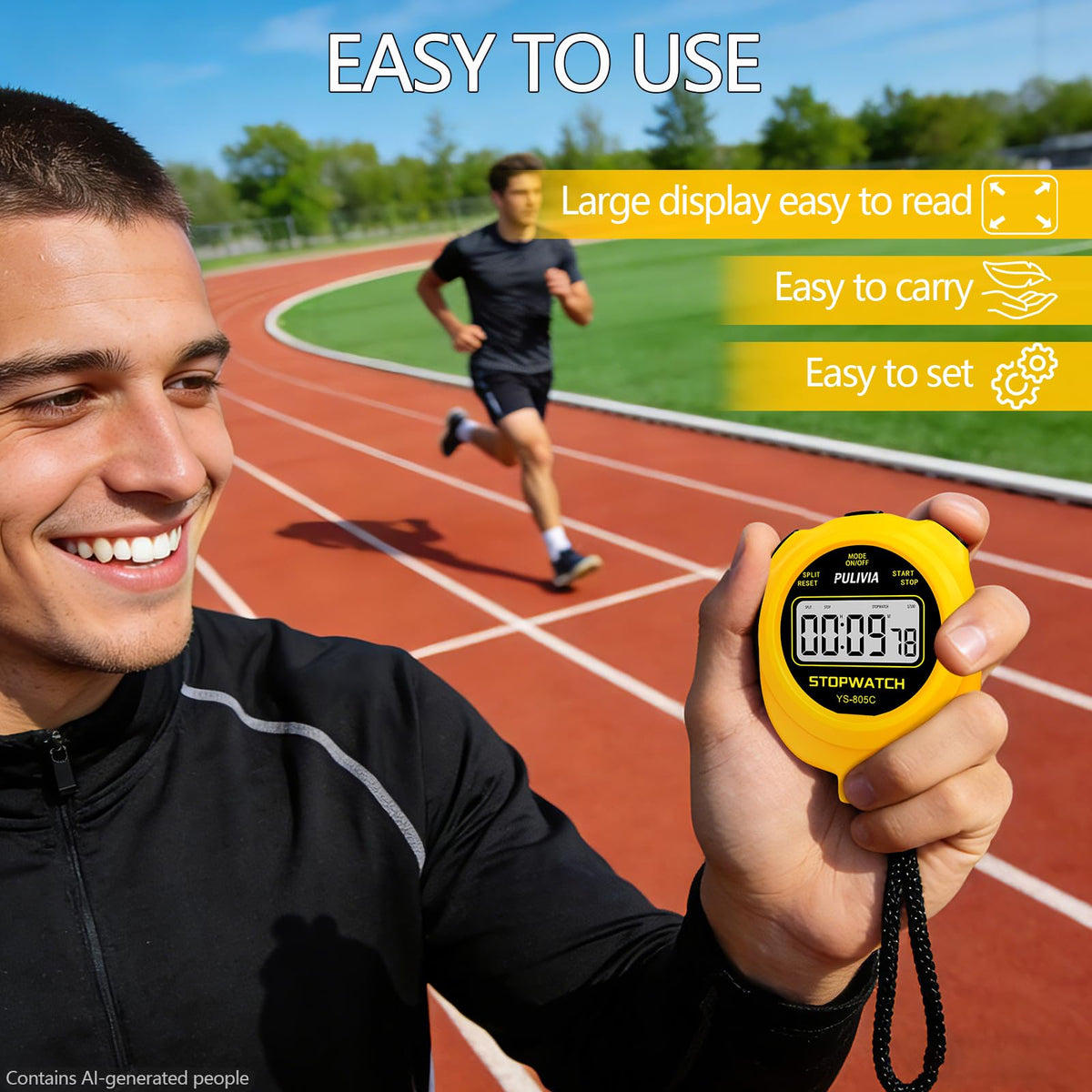 PULIVIA Stopwatch Timer with Countdown, Simple Operation Digital Stop Watch for Sports, Countdown-Alarm Button-Sound, AAA Battery Included (Yellow)