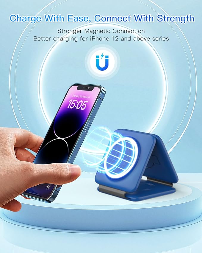 Iseyyox Charging Station for Apple Devices - 3 in 1 Magnetic Foldable Wireless Charger Dock - Travel Charging Pad for MagSafe iPhone 16 15 14 13 12 Pro Max Plus Watch & Airpods