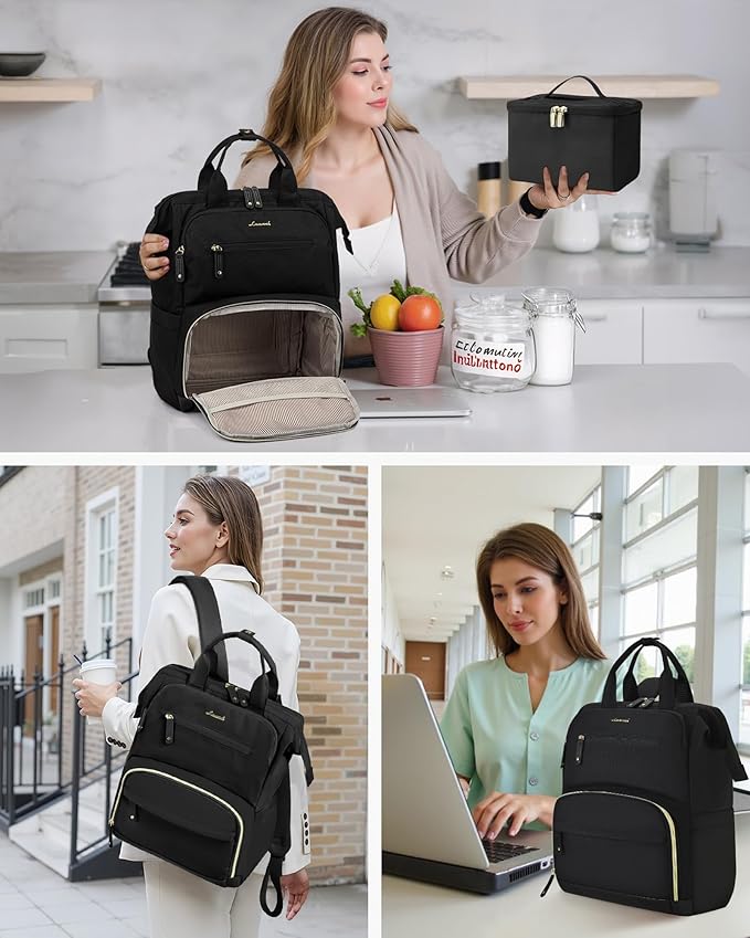 LOVEVOOK Lunch Backpack for Women, 15.6 Inch Laptop Bag with Insulated Cooler Lunch Box, Work Backpack for Teacher Nurse, Travel Backpack Lunch Bag for Camping Picnic Daily Use