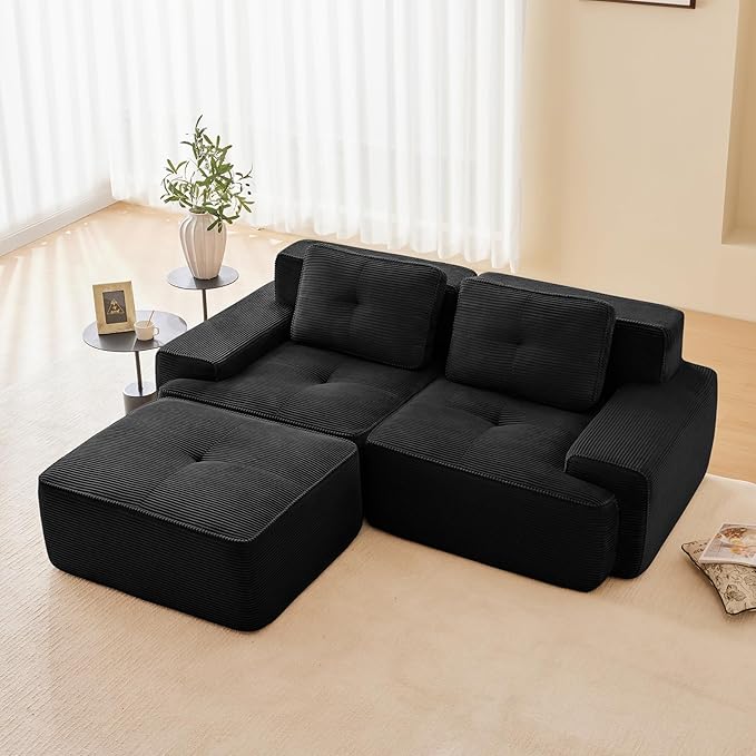 Black Ottoman for Modular Sectional Sofa, Corduroy Deep Seat for Oversized Compressed Boneless Sectional Couches for Living Room Bedroom Apartment, Cloud Sofa Couch Set, Memory Foam, No Assembly