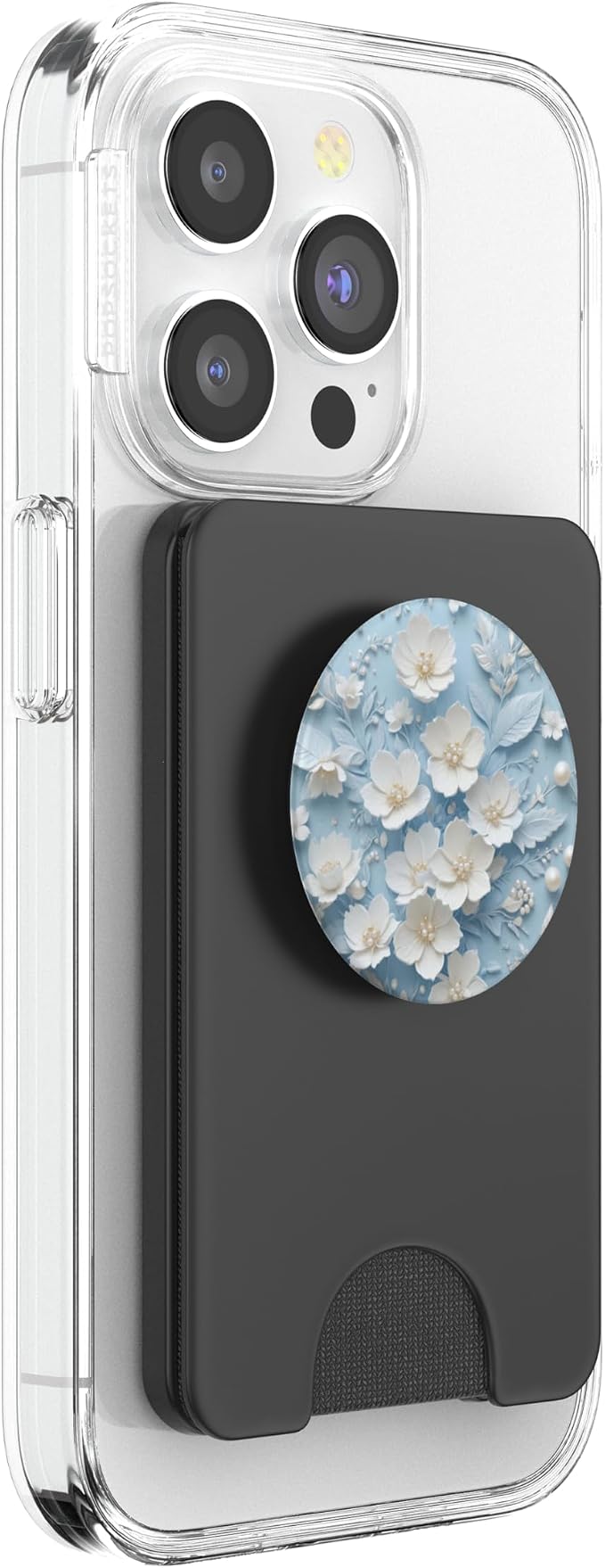 White Pearl Floral on Blue Illustration Print PopSockets PopGrip for MagSafe