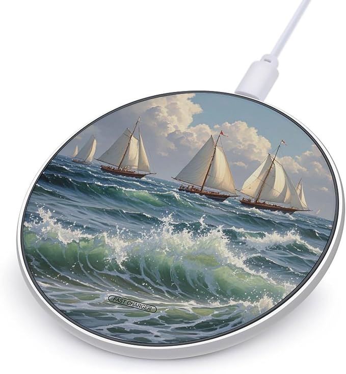 Sea Sailboat Group Wireless Charger Aluminum Alloy Frame 10W Fast Charging Pad with Indicator Light 6mm Thin &amp Portable Wireless Charging Pad for Travel Home Office Desk