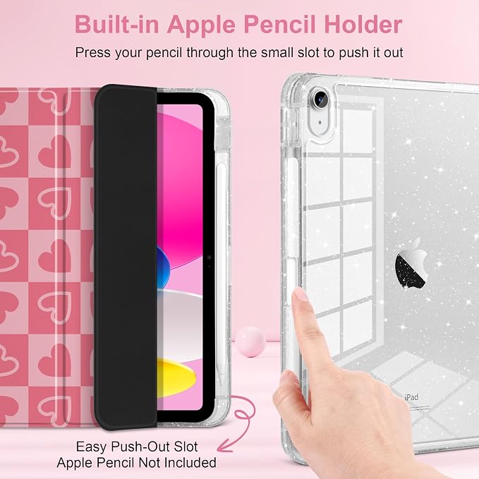 MEEgoodo Case for iPad A16 11th Generation 2025/10th Generation 2022 Glitter Tablet Cases with Transparent Acrylic Back+Trifold Stand +Pencil Holder+Auto Wake/SleepAbstract Sun &amp Palm Tree