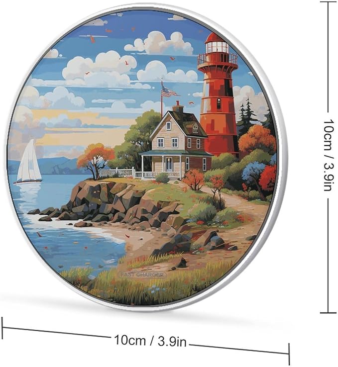 Coastal Lighthouse Wireless Charger with USB Cable Qi-Certified 10W Fast Wireless Charging Pad Portable Charging Station Anti-Slip Slim Charger Mat for All Qi-Enabled Phones
